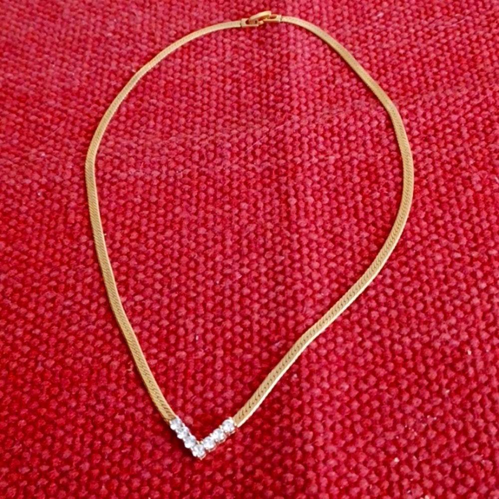 Crystal Chevron Necklace - Goldtone Herringbone Chain